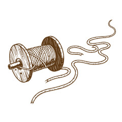Drawing Vintage Brown thread on a wooden spool with loose strands isolated on white background