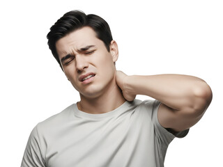 Young man experiencing severe neck pain and discomfort, gently rubbing the side of his stiff neck with his hand while squinting in an expression of physical strain and tension.