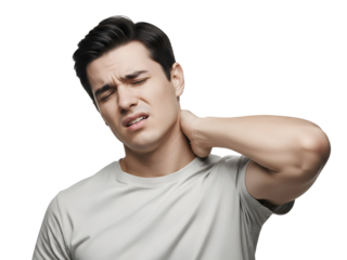 Young man experiencing severe neck pain and discomfort, gently rubbing the side of his stiff neck with his hand while squinting in an expression of physical strain and tension.