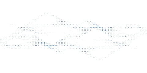 Flowing dots particles wave pattern halftone gradient curve shape isolated on white background.
