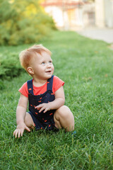 Happy little boy is sitting on the grass. Baby is playing cheerfully in the park in the summer. Protection kids from insects
