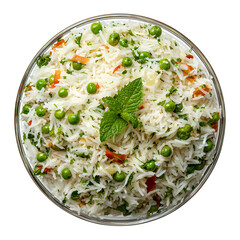 Delicious white rice in bowl with parsley garnish isolated on transparent background