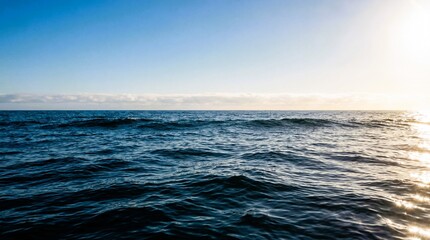 Deep blue ocean waves roll under bright sky near horizon line