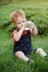 Little boy is sitting on the grass and drinking water in the park in the summer. Child is thirsty. Protection kids from insects