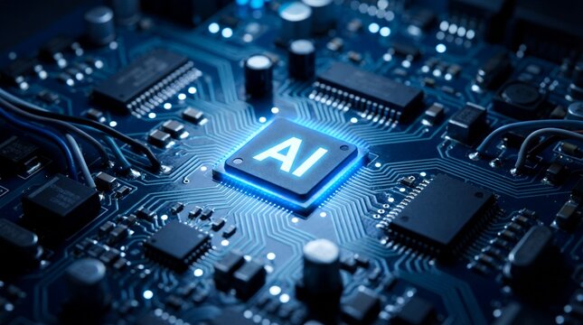 Artificial intelligence chip glowing brightly on complex electronic circuit board