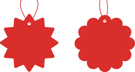 Red starburst and scalloped edge tags with holes for hanging or display