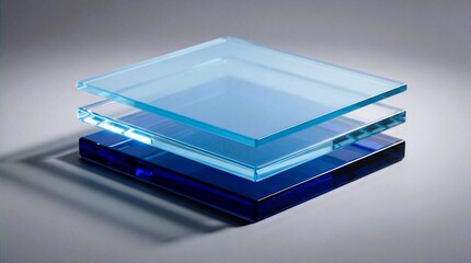 Stack of three varying shades of blue tinted tempered glass panels