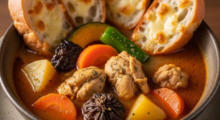 彩り豊かなスパイスの香り：とろけるチーズとパンをトッピングしたスープカレーセット