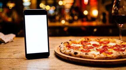 Smartphone mockup beside fresh pepperoni pizza and glass of red wine