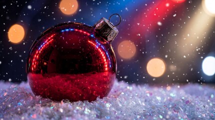 Bright red Christmas ornament rests on sparkling snow under falling flakes