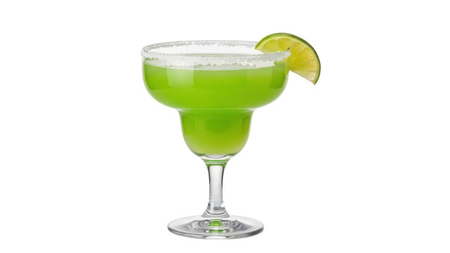 Green margarita cocktail in glass with lime wedge isolated PNG, refreshing alcoholic drink on transparent background for summer party and bar menu