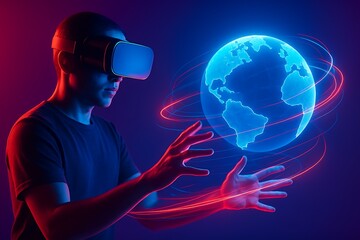 Person using virtual reality headset interacting with glowing digital earth hologram futuristic technology concept of metaverse global communication innovation 