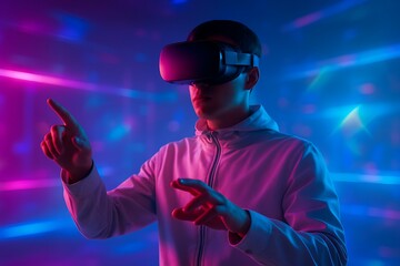 Man wearing virtual reality headset immersed in bright neon environment interacting with digital interface futuristic technology simulation and gaming augmented world concept innovation experience