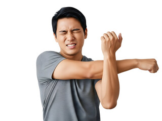 Young Asian man experiencing shoulder pain while performing a pectoral stretch on a plain black background, clenching his teeth and squinting his eyes with discomfort during physical activity.