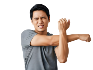 Young Asian man experiencing shoulder pain while performing a pectoral stretch on a plain black background, clenching his teeth and squinting his eyes with discomfort during physical activity.