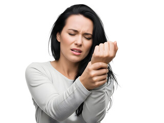 Intense wrist pain causes a young brunette woman to grasp her aching left hand with her right hand, her face contorted in agony and eyes tightly shut, needing urgent medical consultation for joint