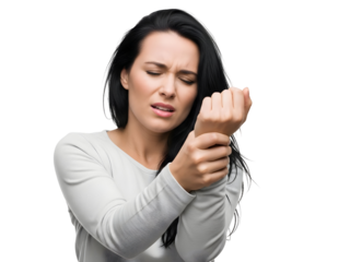 Intense wrist pain causes a young brunette woman to grasp her aching left hand with her right hand, her face contorted in agony and eyes tightly shut, needing urgent medical consultation for joint