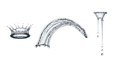 Water splash, droplets and flow, isolated on transparent background