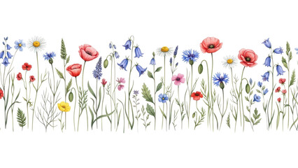 Floral summer horizontal pattern with wildflowers. Watercolor hand drawn isolated illustration border, meadow or floral background for your design.