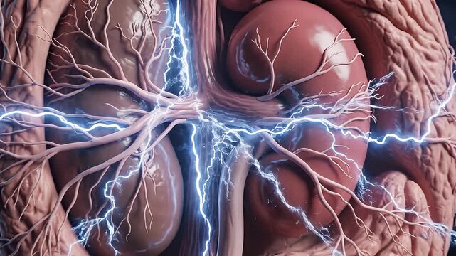 Detailed anatomical representation of human heart with electrical impulses.