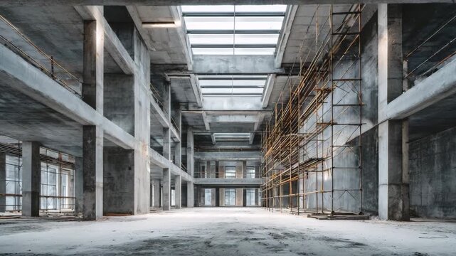Large empty interior of a multistory concrete building under construction with scaffolding and exposed beams