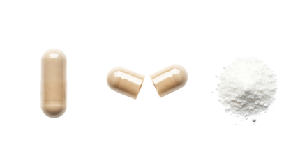 Brown capsule, split open, with white powder, isolated on transparent background
