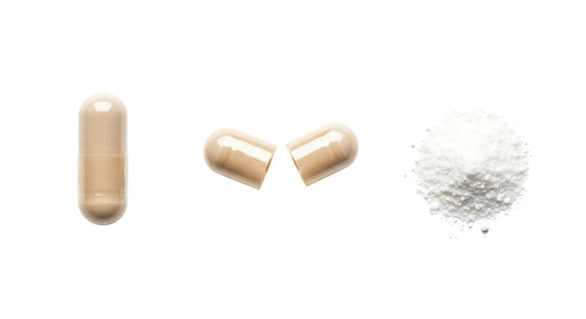 Brown capsule, split open, with white powder, isolated on transparent background