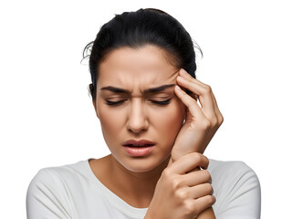 A distressed young woman tightly grips her throbbing temple and wrist with a furrowed brow and closed eyes, expressing significant discomfort and pain from a severe migraine or strain.