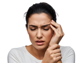 A distressed young woman tightly grips her throbbing temple and wrist with a furrowed brow and closed eyes, expressing significant discomfort and pain from a severe migraine or strain.