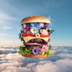 A flavorful burger adorned with fresh flowers and set against a sky backdrop
