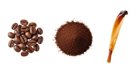 Coffee beans, ground coffee, and coffee liquid, isolated on transparent background