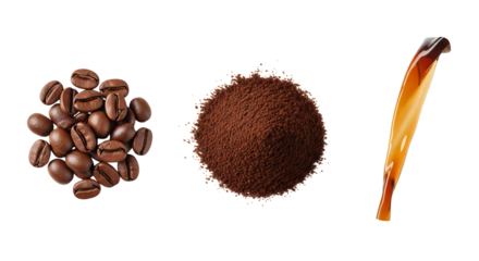 Coffee beans, ground coffee, and coffee liquid, isolated on transparent background