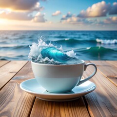 Ocean wave crashing into a coffee cup on wooden table
