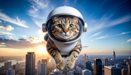Astronaut Cat Soaring Above Futuristic Cityscape