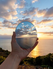 Hand holding a mirror reflecting a beautiful sunset over the ocean
