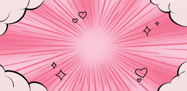 Vibrant pink retro sunburst background featuring black hearts and 90s manga style action lines