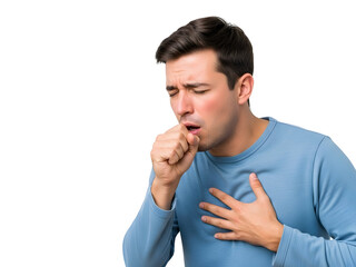 Young adult male experiencing a painful intense cough covers his mouth with a tightly clenched fist and places his other hand firmly on his chest indicating severe respiratory discomfort and illness.