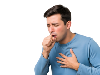 Young adult male experiencing a painful intense cough covers his mouth with a tightly clenched fist and places his other hand firmly on his chest indicating severe respiratory discomfort and illness.