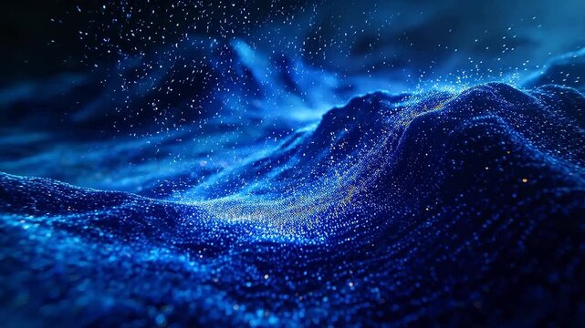 Abstract blue glowing particles forming waves on dark background
