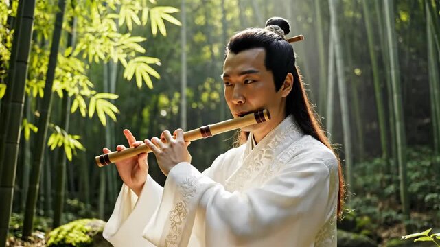 Chinese man in traditional white Hanfu playing a bamboo flute in a forest. Musician performing ancient folk music outdoors. Cultural concept for Lunar New Year