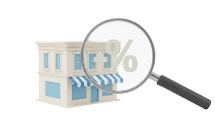 Storefront with percentage sign in magnifying glass isolated PNG, retail business concept for sales and discounts on transparent background