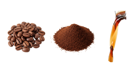 Coffee beans, ground coffee, and liquid coffee, isolated on transparent background