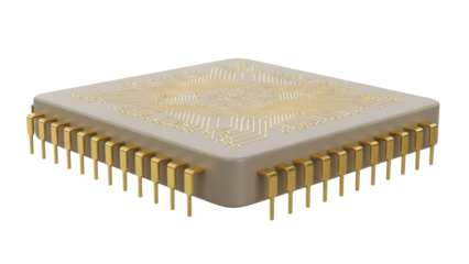Vintage ceramic CPU chip PNG isolated on transparent background, retro computer processor component for electronics and technology