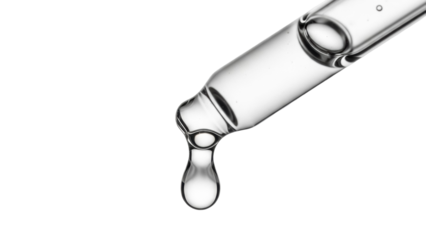 Clear liquid drop from glass pipette isolated PNG, serum or essential oil dripping on transparent background for beauty and medical concepts