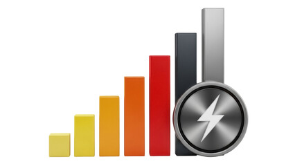 Colorful bar graph with lightning bolt isolated PNG, rising trend and energy concept for business and financial growth on transparent background