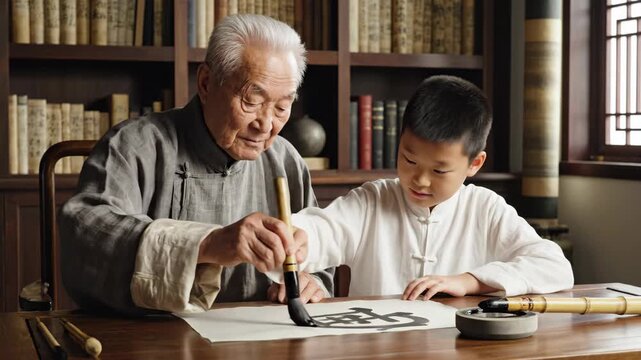 Chinese grandfather teaching grandson calligraphy in a traditional study. Elderly man guiding a boy's hand with a brush. Intergenerational family bonding and cultural heritage concept