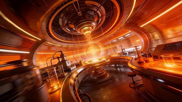 Futuristic laboratory with glowing orange energy core in circular space