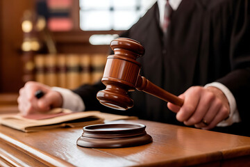 A judge's gavel symbolizes authority in legal proceedings, representing the power to make decisions and deliver verdicts within the courtroom and legal system.