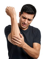Severe elbow pain discomfort affecting a grimacing young man wearing a black shirt who is intensely clutching his arm with his opposite hand indicating an immediate need for health attention.