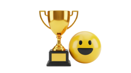 Golden trophy cup and yellow smiley face isolated PNG on transparent background, symbol of success and positive emotion for graphic design